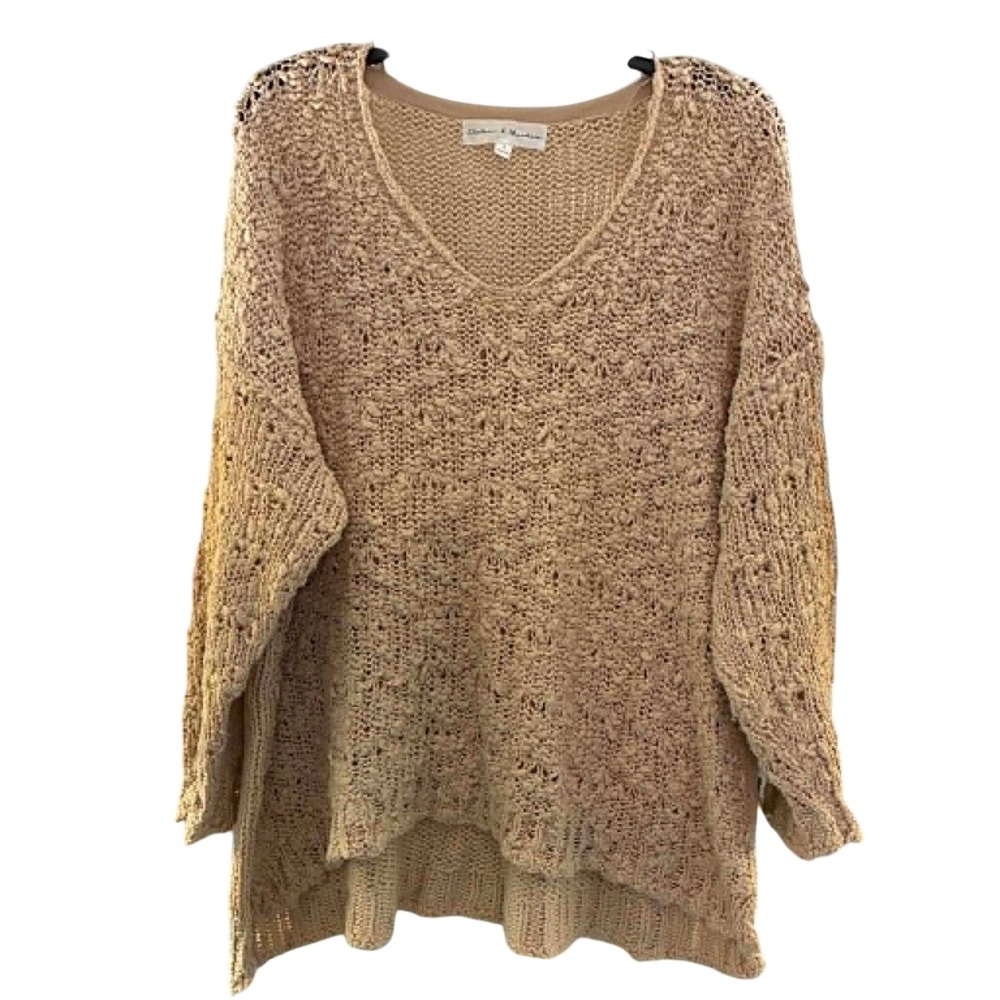Chelsea & Theodore Sweater Womens L Tan Open Knit V-Neck High Low Boho Coastal
